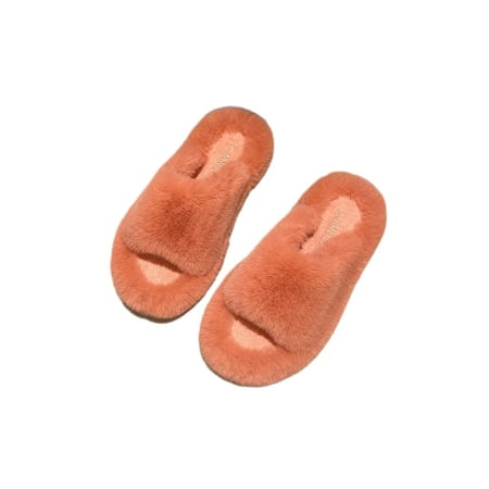 

GENILU Ladies Breathable Wear-Resistant Faux Fur Furry Shoes Soft Flat Fuzzy Slippers Bedroom Lightweight Solid Orange 4.5