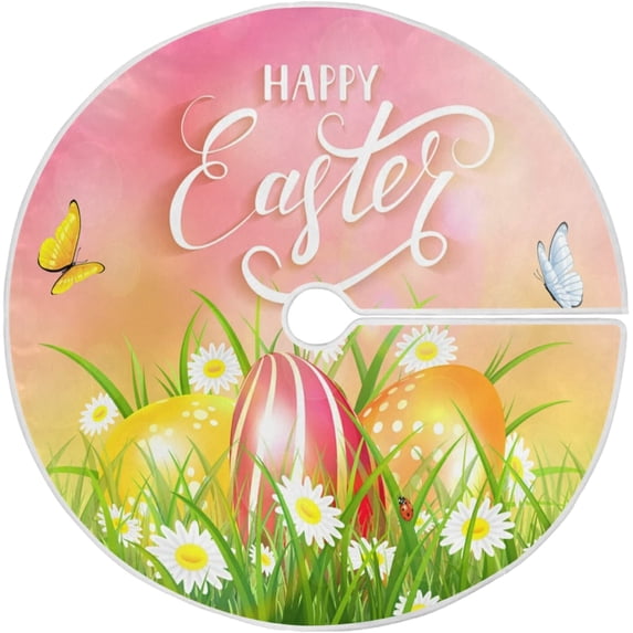 FMSHPON Happy Easter EggsButterfly Xmas Christmas Tree Skirt Stand Mat for Holiday Party Decoration Indoor Outdoor 48 inches