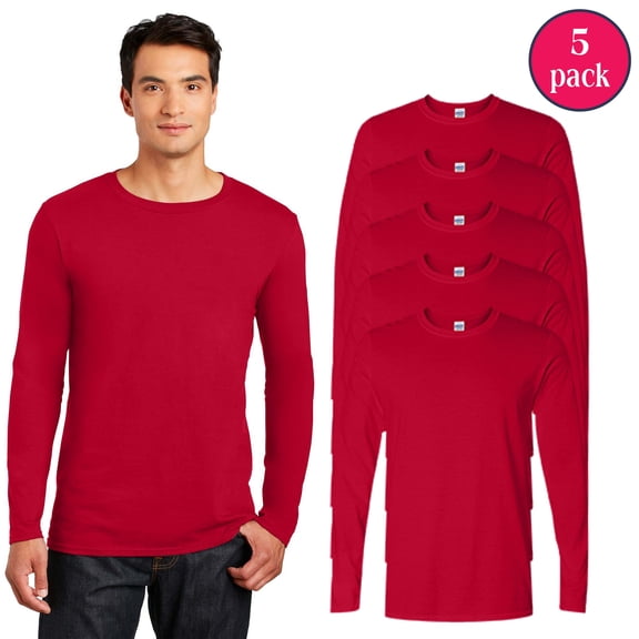 Gildan Men’s Softstyle Cotton Long Sleeve T-Shirt, Narrow Width Casual Cherry Red Tee, 5 Pack, S