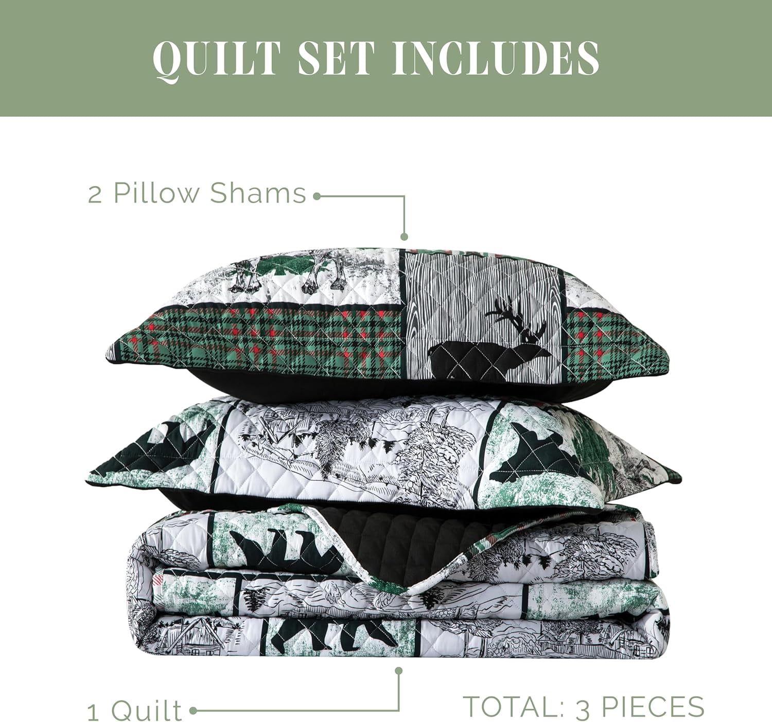 Elegant Comfort 3-Piece Holiday Rustic Plaid Patchwork Reversible Quilt Set - Soft Bedspread with Matching Pillow Shams, Heavyweight Stitching, All Season Quilted Coverlet - Queen, Forest
