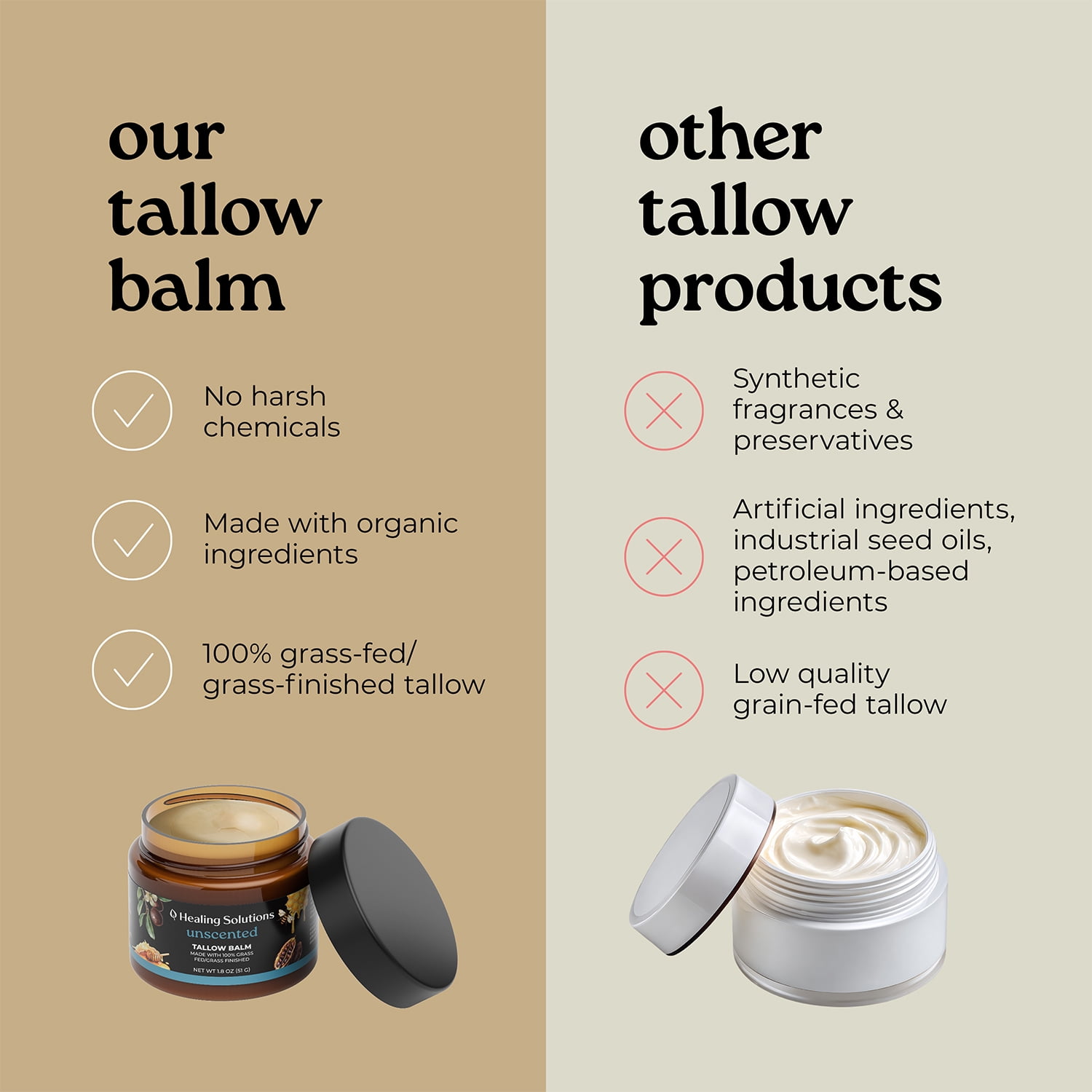 Healing Solutions Whipped Beef Tallow & Honey Balm – Unscented, All-Natural Moisturizer for Face & Body, 1.8 oz