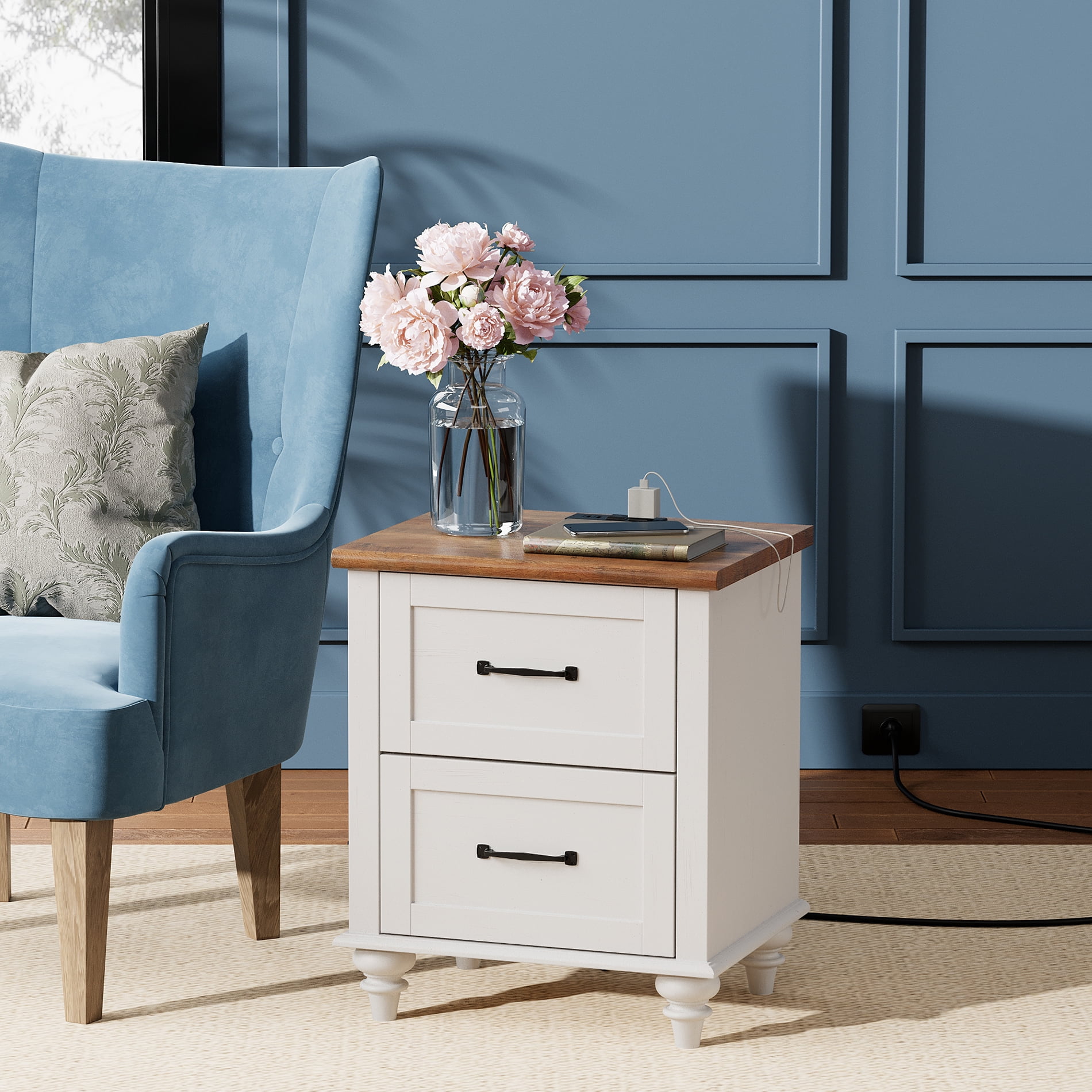White Side Table with Charging Station for Living Room, Mid Century Nightstand for Bedroom Kids room