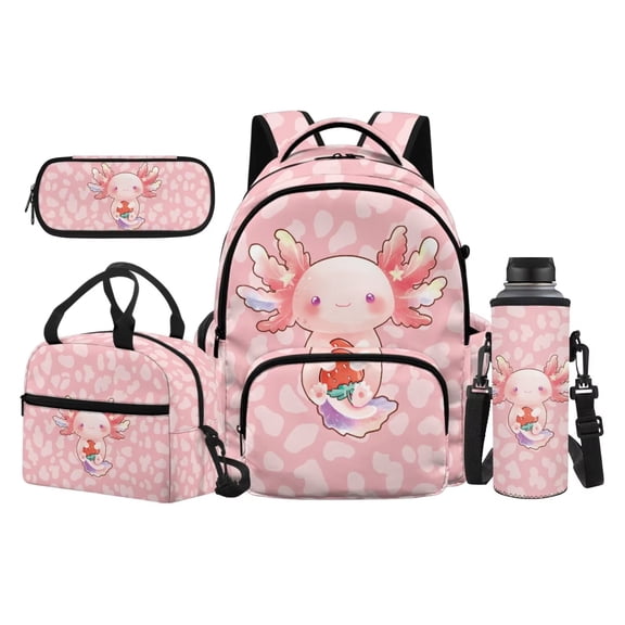 Yuyamidu Pink Axolotl 4Pcs Kids Backpack Set for Girls 17 Inch Schoolbag with Lunch Bag Pencil Case Water Bottle Bag Cute Back to School Satchel