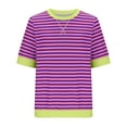 thumbnail image 3 of Lovskoo 2024 Striped Shirt Women Color Block Short Sleeve Crew Neck T-Shirts Casual Loose Pullover Tops Summer Tee Shirt Purple L, 3 of 5