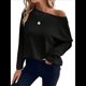 thumbnail image 1 of Camiseta de Punto de Otoño con Cuello Redondo y Hombros Descubiertos para Mujer, Larga Negro L, 1 of 7
