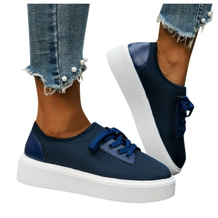

Zizocwa Breathable Mesh Sneakers for Women Non Slip Lace-Up Platform Casual Shoes Arch Support Thick Bottom Low Top Walking Board Shoes Blue Size9.5