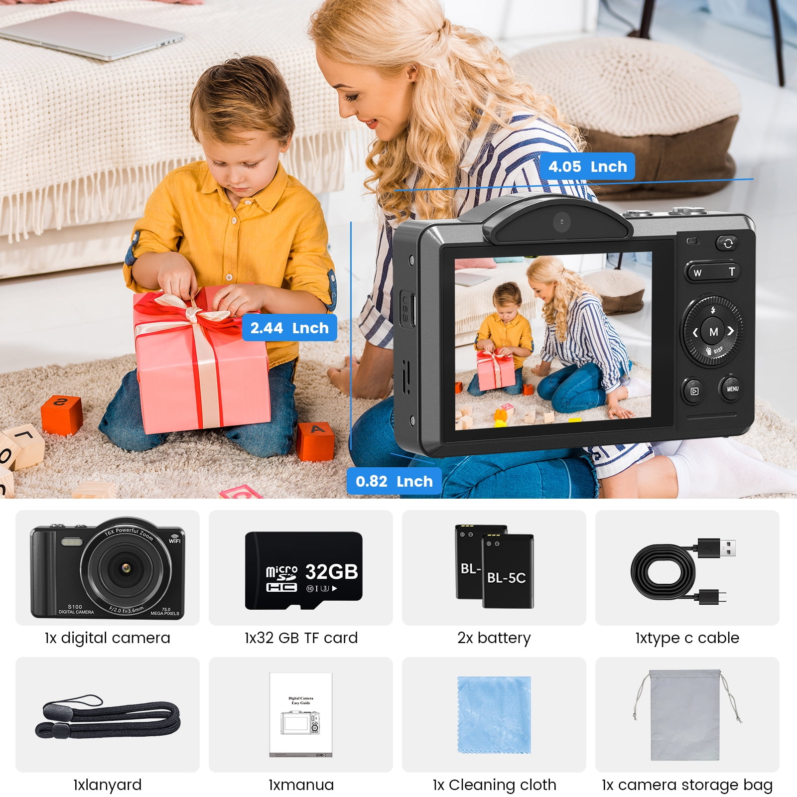 XLURC 4K Digital Camera with Wifi 75MP Vlogging Camera with Dual Lenses Touch Screen Camera for Photography 16X Zoom for Beginners,Teens & Travel Vloggers