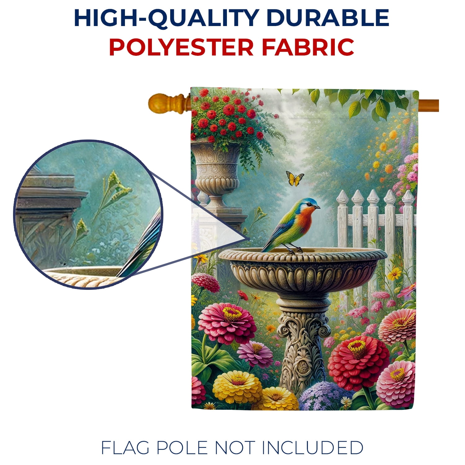 America Forever Birdbath Spring House Flag, 28x40 inch Double Sided, Fountain and Colorful Bird, Floral Spring Summer Outdoor Lawn Decor, Large Decorative Yard Flags