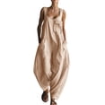 thumbnail image 3 of Linen Look Wide Strap Jumpsuit for Women - Loose Fit Pocketed Solid Color Casual Outfit, Summer Vacation Matching Lounge Wear Beige L, 3 of 7