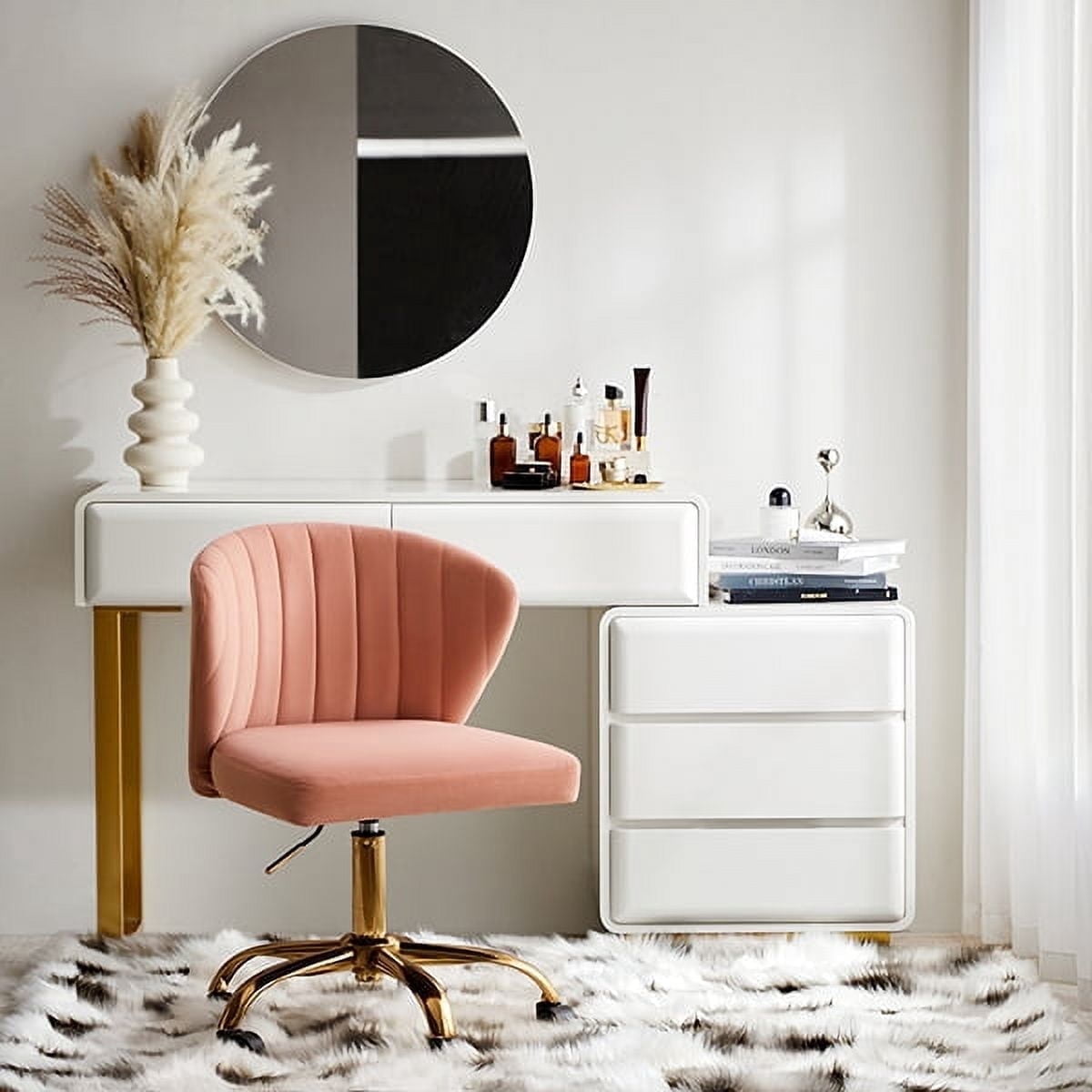 Tina's Home Pink Velvet Swivel Office Chair with Gold Legs, Adjustable Height Rolling Desk Chair for Vanity