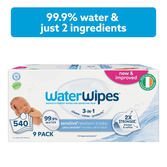 WaterWipes Sensitive+ Lingettes pour Nouveau-Nés & Bébés, 3-en-1 Nettoie, Prend Soin, Protège, 99.9 % d'Eau, Sans Parfum & Hypoallergénique