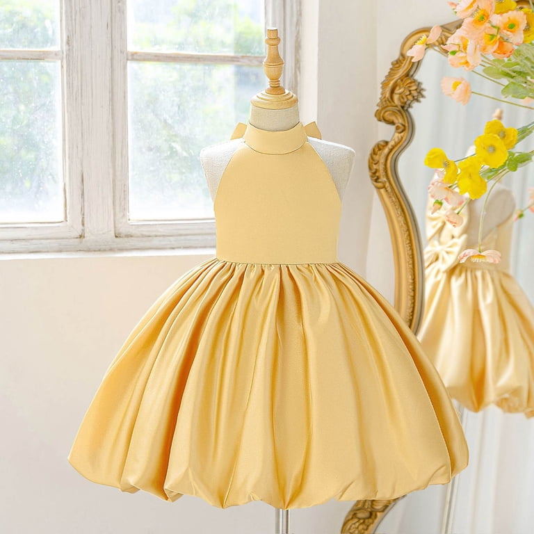 Summer Dresses for Girls Bowknot Accent Halter Neck Sleeveless Solid Print Ruffle Backless Dresses for Wedding Gown Girls Spring Dress Gold 5 Years-6 Years