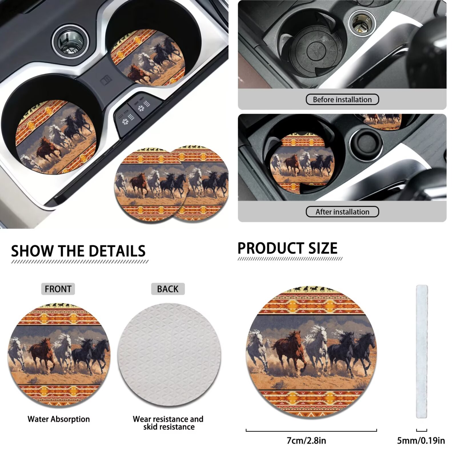 Garronmavis Aztec Three Horse Car Seat Covers Full Set Universal Seat Covers for Cars with Cars Headrest Protectors+Wristlet Keychain+Auto Cup Coaster+Handbrake Gear+Shift Knob Cover