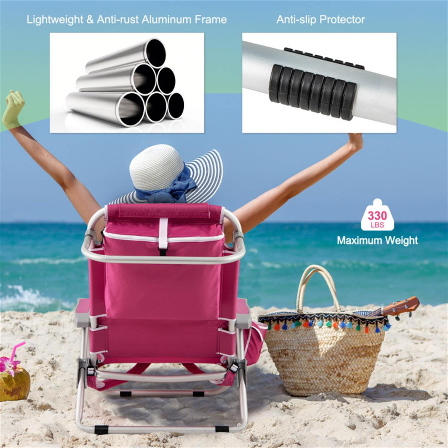 Demi Bonn Foldable Backpack Beach Chair with Cup Holder and Storage Pockets for Outdoor, Patio Accent Furniture Lounge Chairs for Yard, Garden, Pink