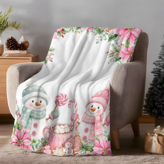 Throw Blanket Fleece Throw Blanket 40x50in, Christmas Snowmen Pink Poinsettia Soft Lightweight Bed Blankets Winter Floral Art Fuzzy Couch Blankets for All Season