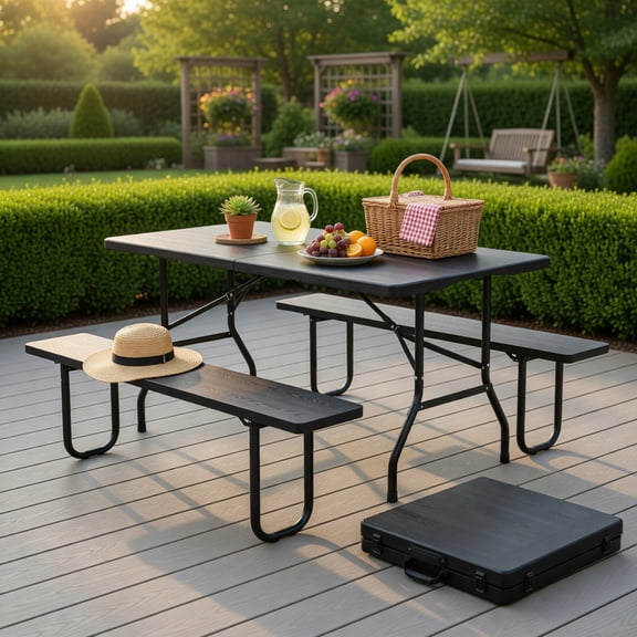 Hommoo 5FT Foldable Picnic Table with Wood-Grain HDPE Top, Non-Slip Feet & Reinforced Steel Frame, Outdoor/Indoor Table for 4-6 People, Black