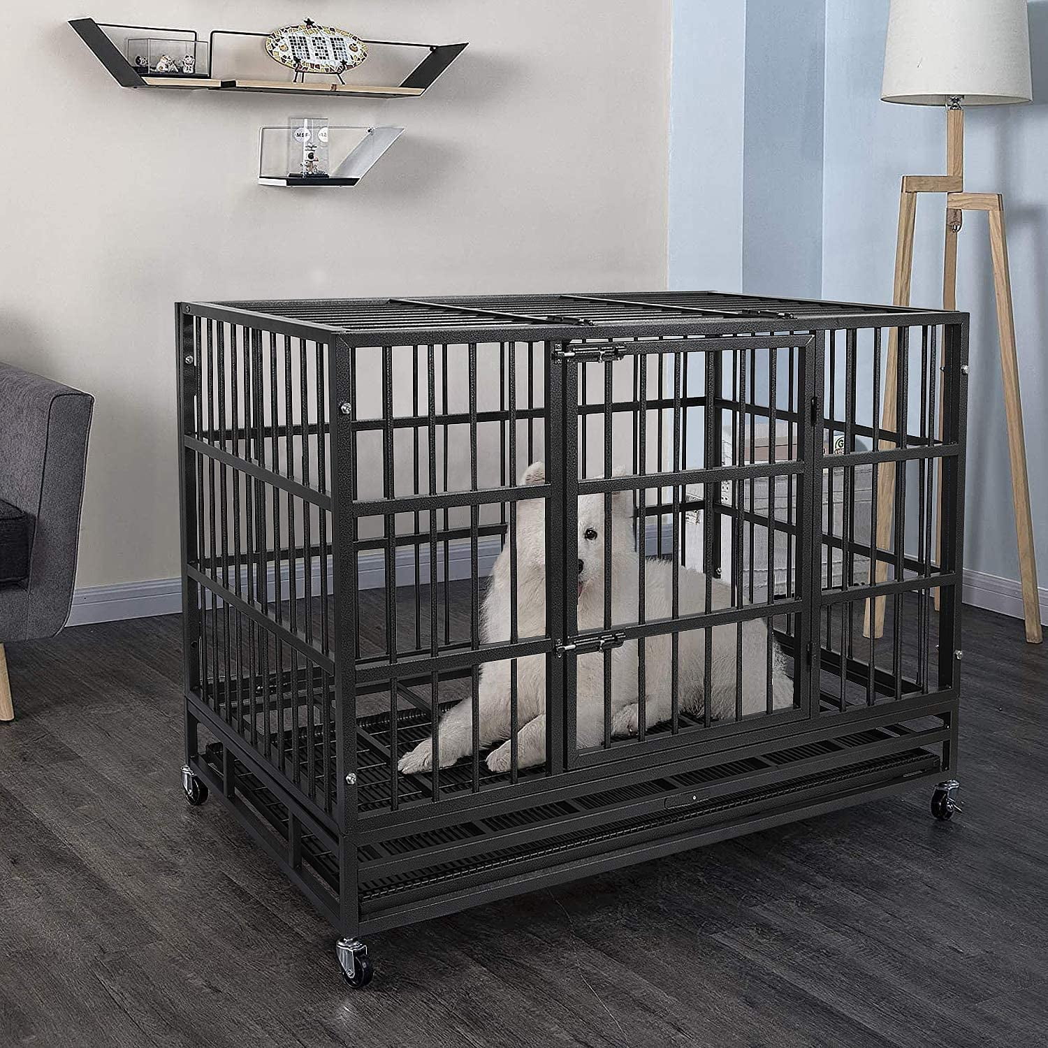 Waleaf 38 Inch Heavy Duty Dog Crate Cage with Wheels for Indoor, Large Dog Kennel with Removable Tray