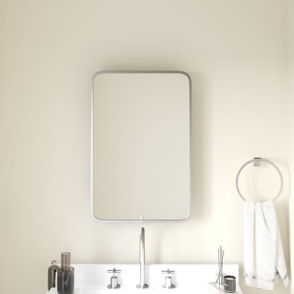 Emma Oliver Silver Metal Framed Bathroom Medicine Cabinet with Reversible, Recessed Design and Beveled Rounded Mirror - 16" x 24"