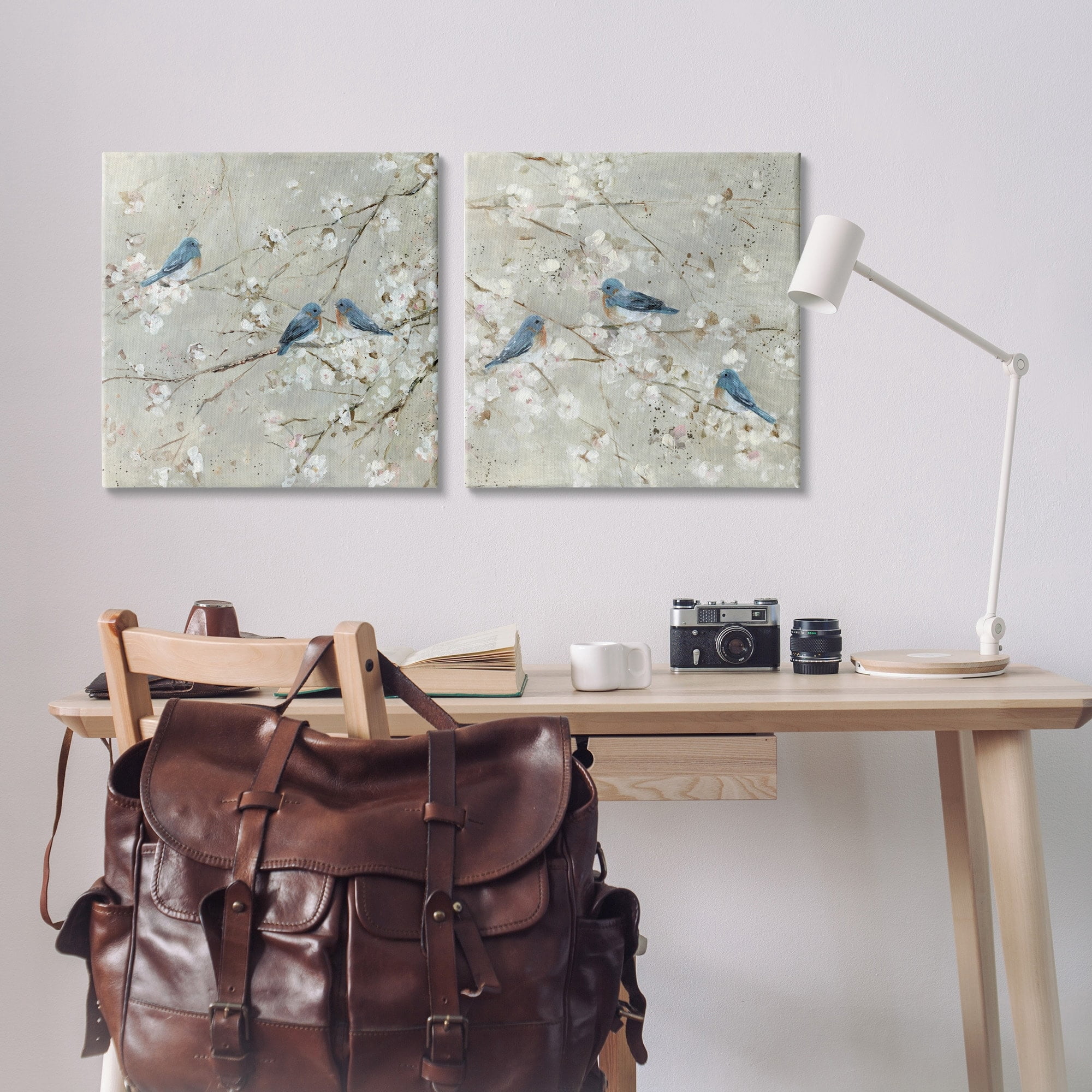 Stupell Industries Blue Birds Perched Tree Blossoms Spring Scene, 24 x 24, Design by Sally Swatland