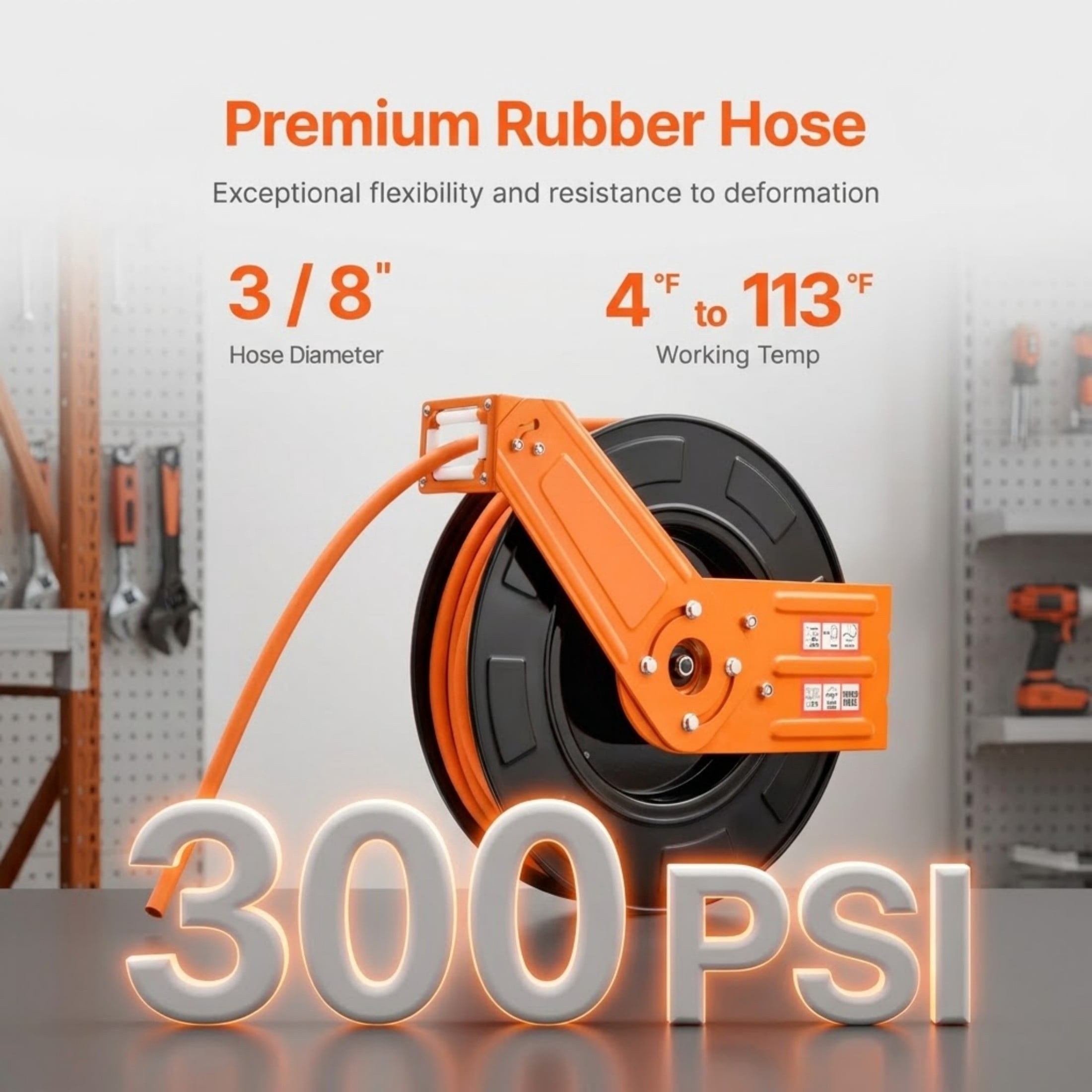 3/8" x 100 ft Retractable Air Hose Reel, 300 PSI Rubber Hose with Steel Reel