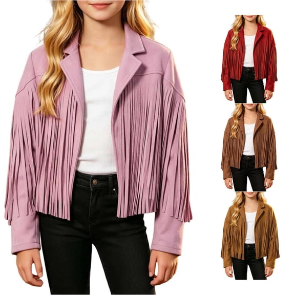 TBWNWG Girls Fringe Jackets for Kids Western Tassels Cropped Cardigan with Suede for Everyday Play and Schoolwear