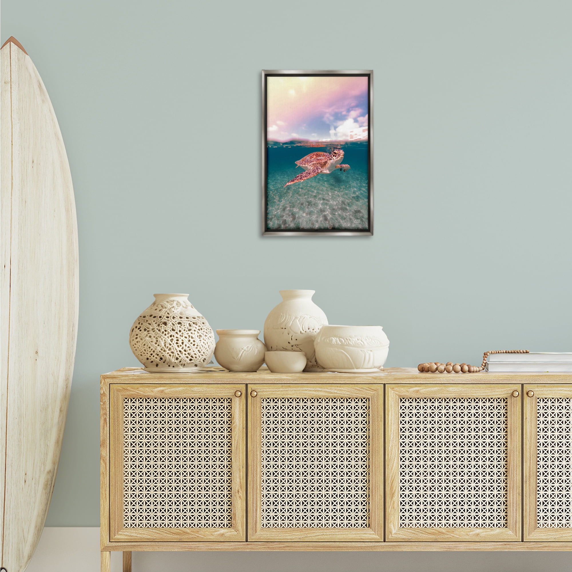 Stupell Industries Above & Below Sea Turtle Animals Photography Gray Floater Framed Canvas Art Print Wall Art, 17 x 25