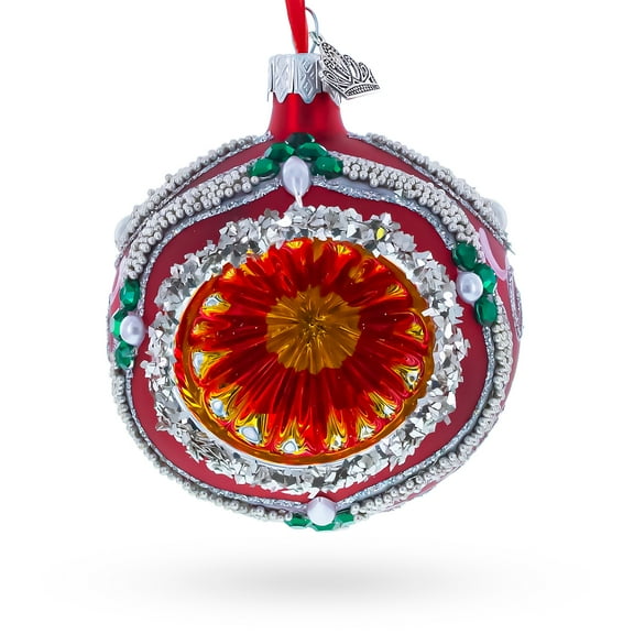 Retro Style Red and Gold Reflector with Glitter, Gems & Indent Center Glass Christmas Ornament