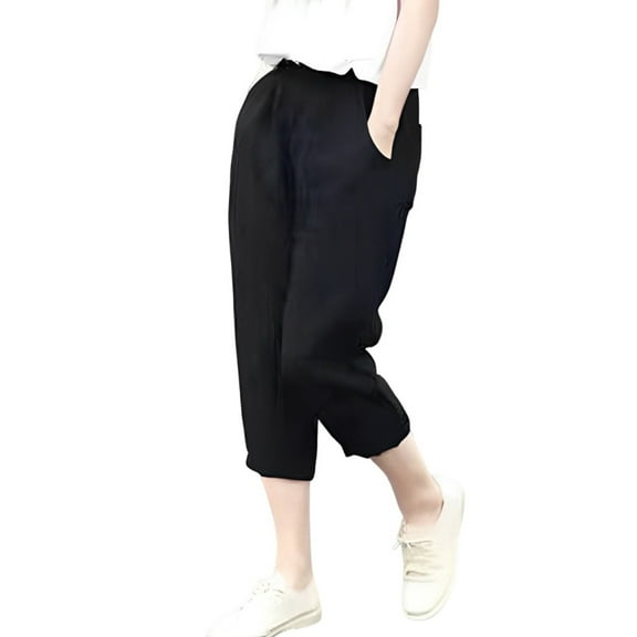 PuLe Capris Trousers for Women IXIMO Women's 100% Linen Pants Relax Fit Lantern Cropped TaperedPants Trousers with Elastic Waist