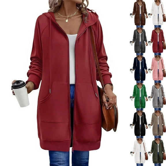 bbyeadc Red Long Hoodies for Women Oversized Long Tunic Sweatshirts Casual Lightweight Zip Up Hoodie Women Fall Jacket Coat Fashion Fleece Hoodie with Pockets, Red L