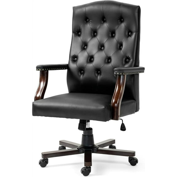 ECOTOUGE Tufted Office Chair, Faux Leather Executive Desk Chair w/High Back & Nail Head Trim,Ergonomic Wingback PC Chair for Home Living Room (Black)