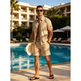 thumbnail image 6 of Zehisen Mens Summer Outfits 2 Piece Beach Shirt Shorts Set Coconut Button Casual Vacation Summer Set Khaki S, 6 of 7