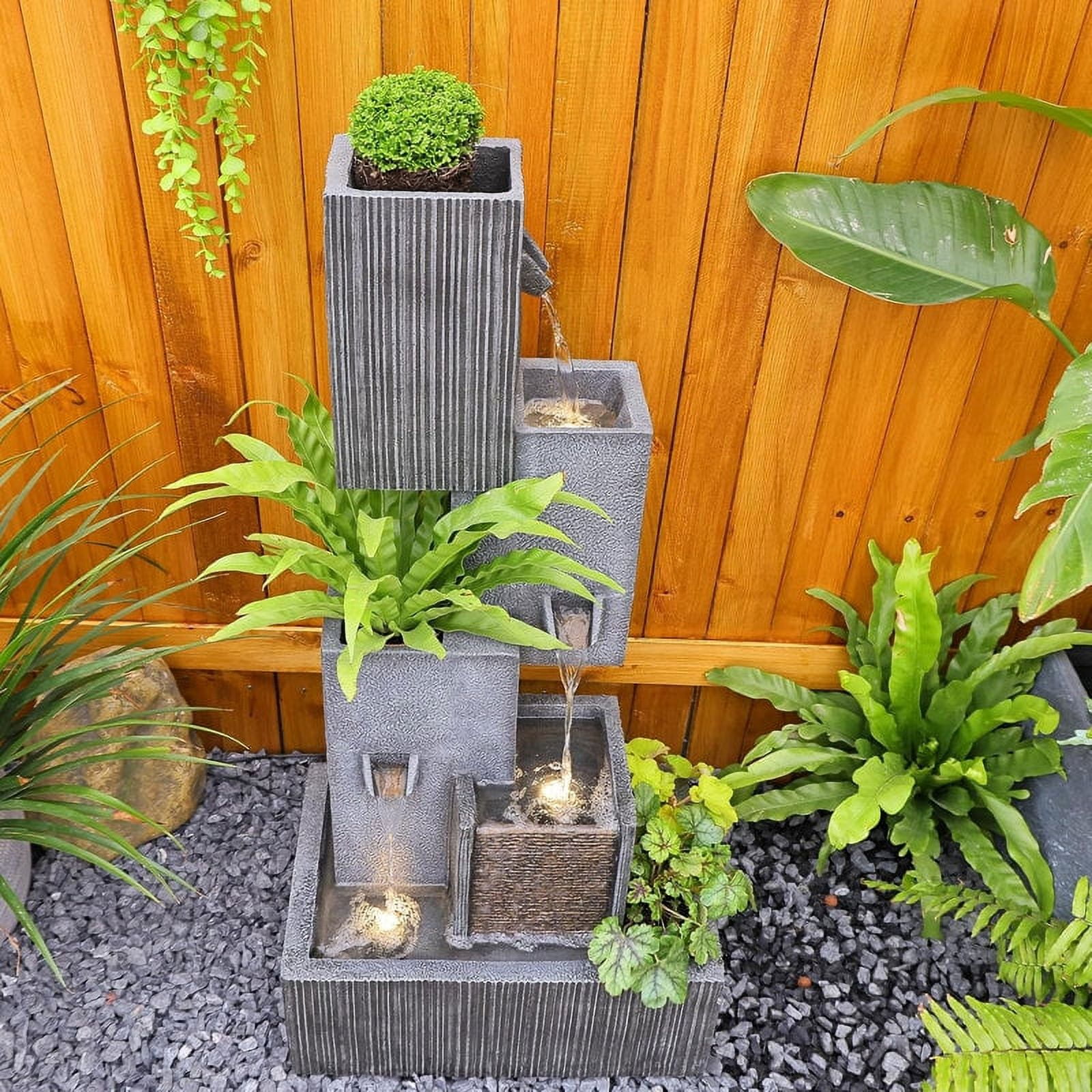 Modern Patio Fountain 4-Tier Outdoor Water Fountain Garden Water Feature Planter with LED Lights for Garden, Patio, Backyard, Deck, Porch and Home Art Decor
