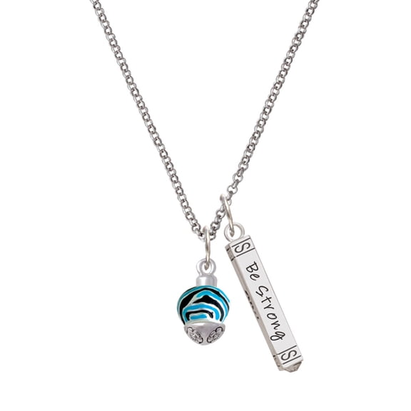 Delight Jewelry Silvertone Wide Hot Blue Zebra Print Band Spinner Silvertone Be Strong and Courageous Bar Charm Necklace, 23"