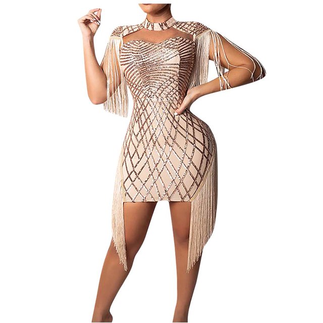 Fridja Robe Sans Manches à Franges et Sequins pour Femmes, Soirée en Boîte de Nuit