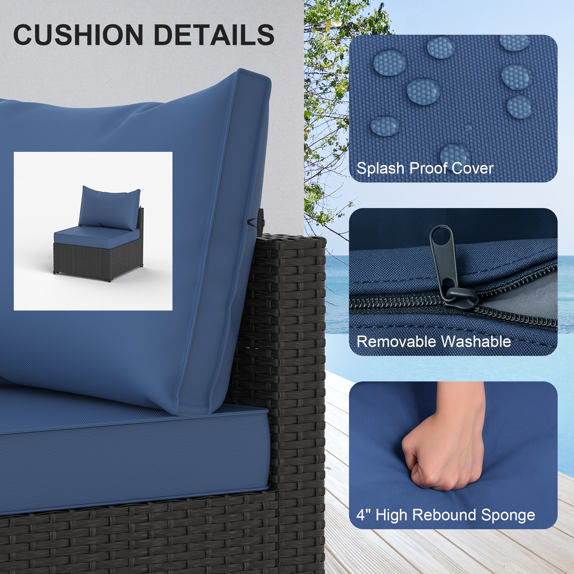5 Pieces Outdoor Patio Furniture Set Sectional with Ottoman Wicker Rattan Patio Couch,Blue