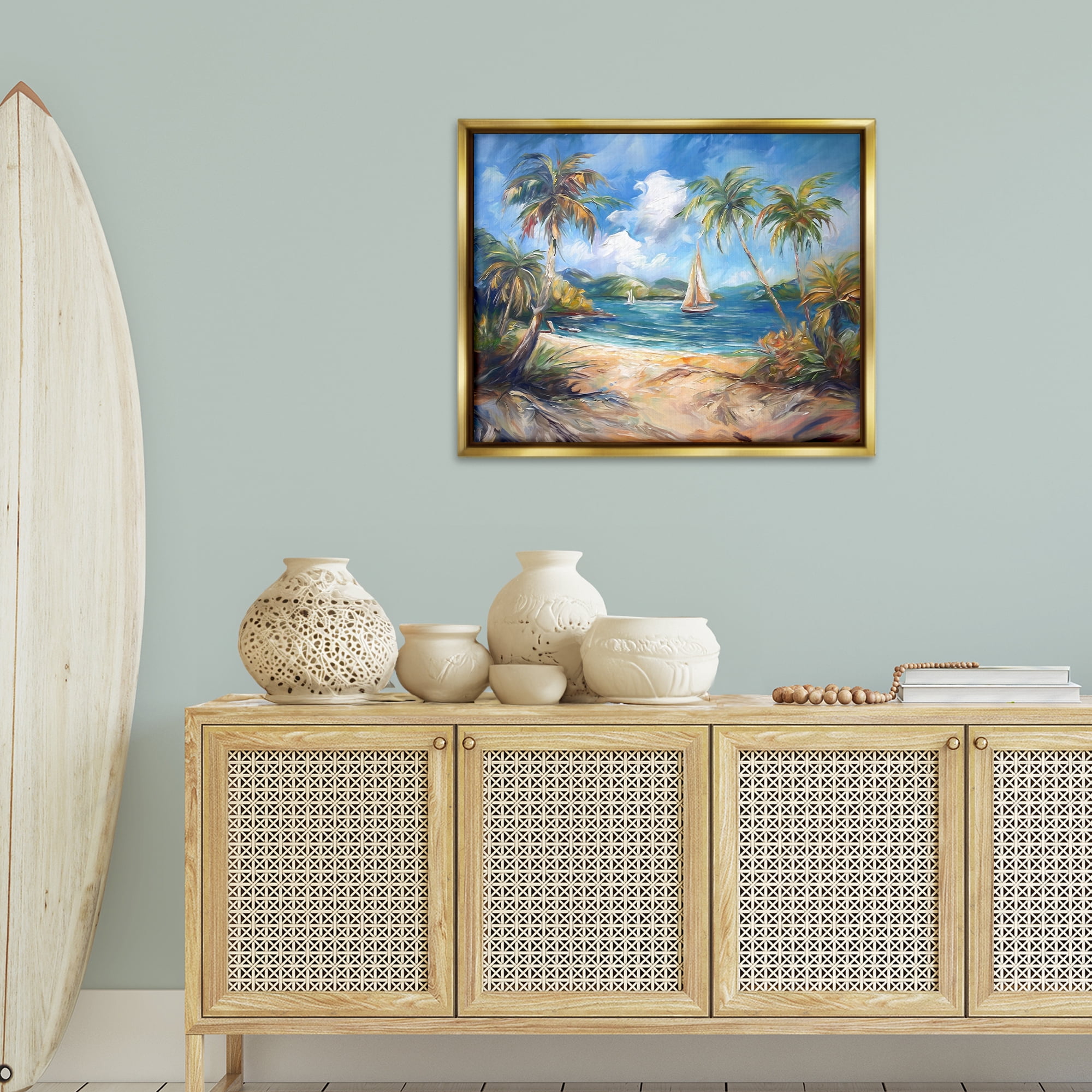 Stupell Industries Paradise Beach Harbor Coastal Painting Gold Floater Framed Canvas Art Print Wall Art, 31 x 25