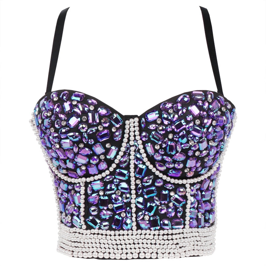 Colorful Rhinestone Bra Bustier Pearl Beaded Underwire Camisole ...