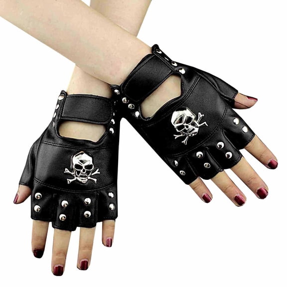 Skull Studded Punk Rock Biker Driving Women's Leather Fingerless Gloves