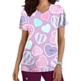 thumbnail image 1 of TIMIFIS Hauts de Sarrau d'Infirmière pour Femmes, Saint-Valentin, Uniforme de Travail, Manches Courtes, Col en V, Blouse T-shirt de Tenue de Travail avec Poches - Imprimé Violet, 1 of 5