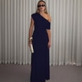 thumbnail image 5 of Navy Blue Women One Shoulder Ruched Maxi Dress Asymmetrical Draped Neck Slim Fit Evening Party Gown, 5 of 5