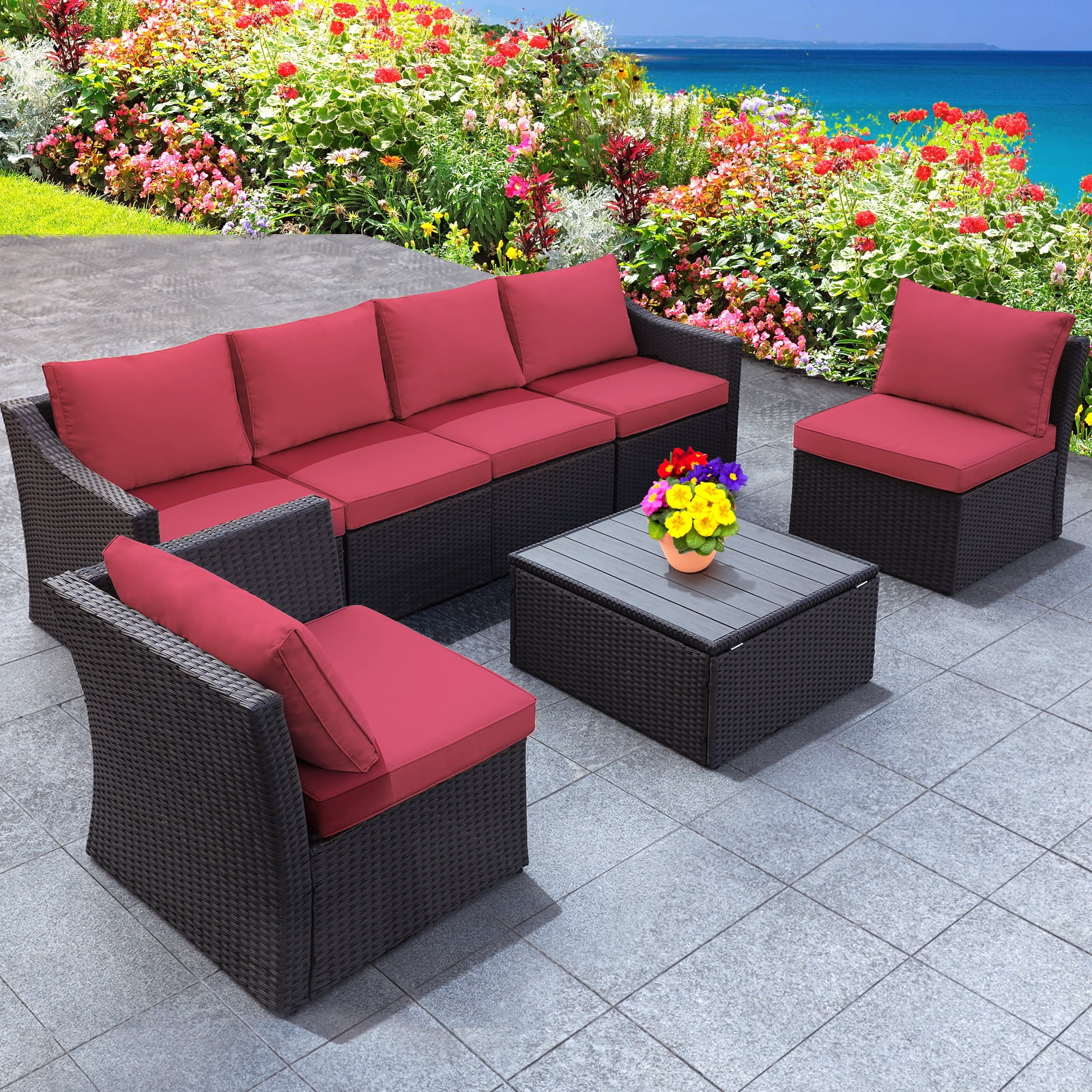 7 Pieces Rattan Outdoor Fruniture Set with Reclining Backrest and