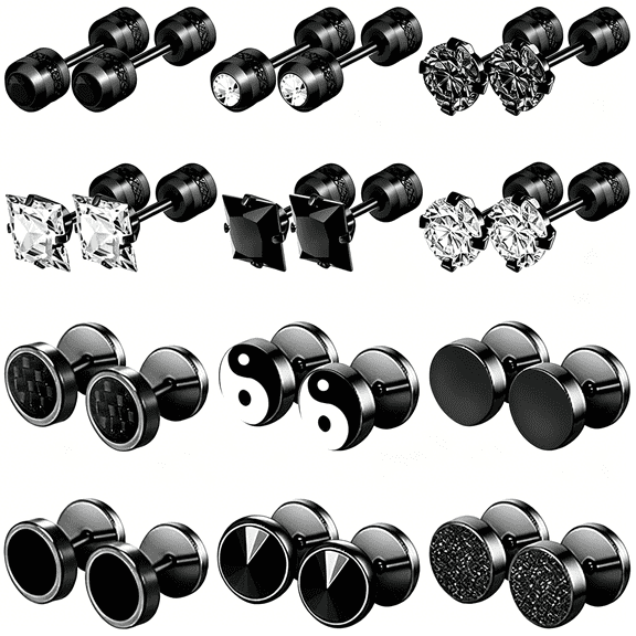 DESIGNICE 12 Pairs Stainless Steel Stud Earrings for Men Hypoallergenic Earring Flatback Black Earring Set Screw Back Studs Inlaid Cubic Zirconia Stud Earrings for Women Men