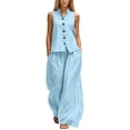 thumbnail image 2 of Mifsaly Two Piece Vacation Sets for Women Sleeveless Button Down Shirt and High Waisted Wide Leg Palazzo Pants Lightweight Flowy Summer Matching Lounge Outfits with Pockets Light Blue,S, 2 of 7