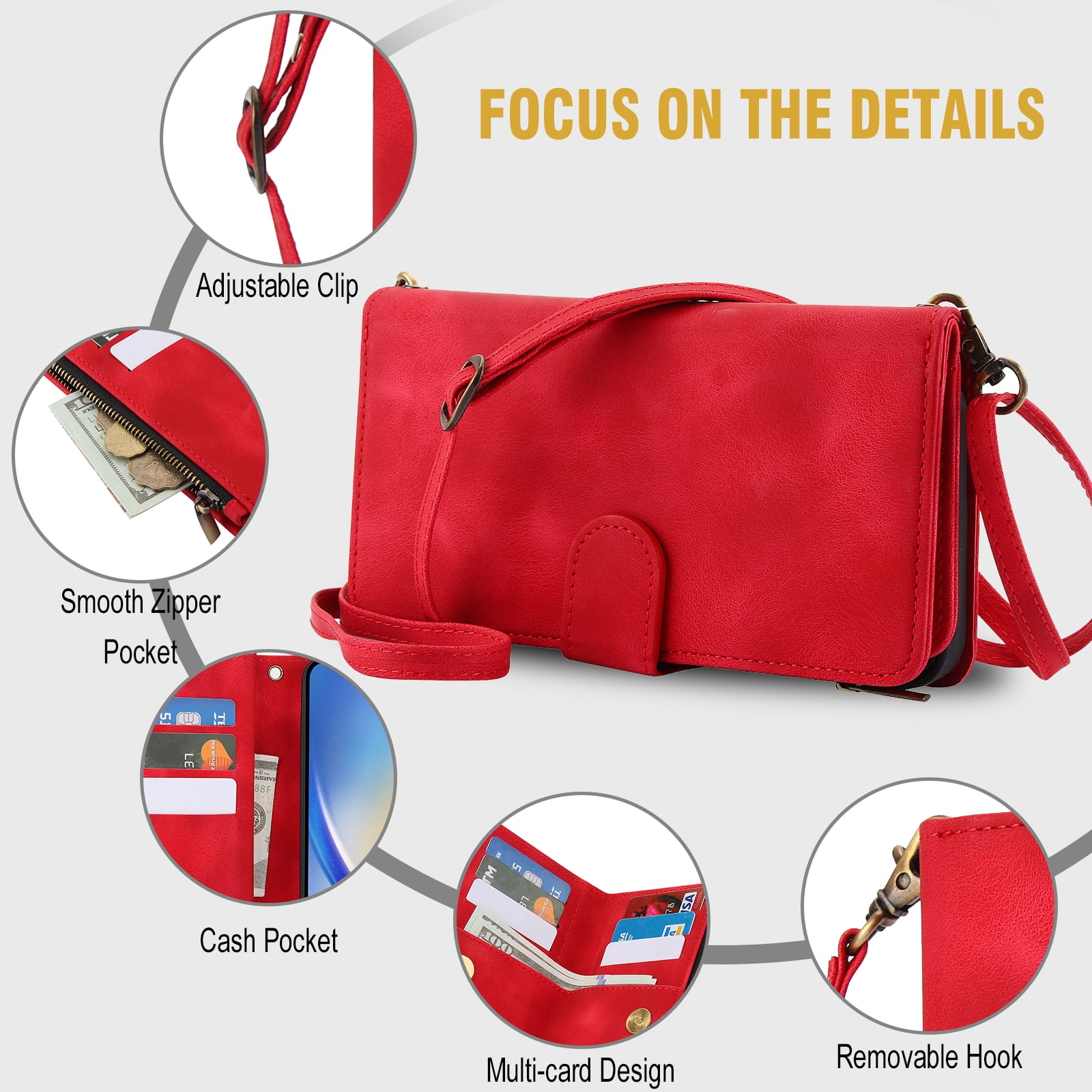 for Samsung Galaxy A16 4G/5G Wallet Case with Card Holder for Women Men, Phone Case RFID Blocking PU Leather Flip Shockproof Cover with Shoulder + Wrist Strap Zipper Credit Card Slots Stand, Red