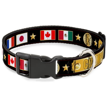 Buckle-Down Pet Collar, Dog Collar Plastic Buckle, Champion Belt Flags Stars Black Golds, 7 to 8.5 Inches 0.5 Inch Wide