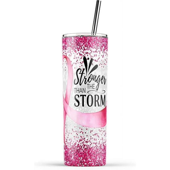 YouNique Designs Breast Cancer Awareness Coffee Tumbler with Straw and Lid, 20 Oz, Insulated Stainless Steel Skinny Tumbler for Women, Breast Cancer Survivor Tea Tumbler, Water Tumbler Cup