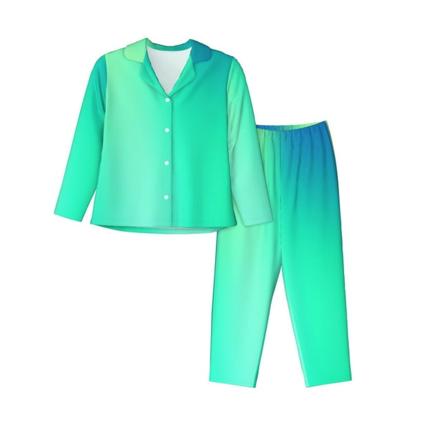 Balery blue green colors Conjunto de Pijama con Estampado para Mujer, Conjunto de Dos Piezas con Manga Larga, Ropa de Dormir Suave con Bolsillos, Pijamas Cómodos-Large