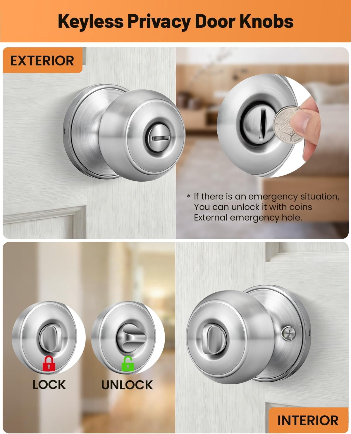 Brushed Nickel Door Knobs, 6 Pack Privacy Door Knobs Interior Door Knobs for Bedroom/Bathroom Keyless Doorknobs Interior/Exterior Lockset, Brushed Nickel Modern Design Door Hardware