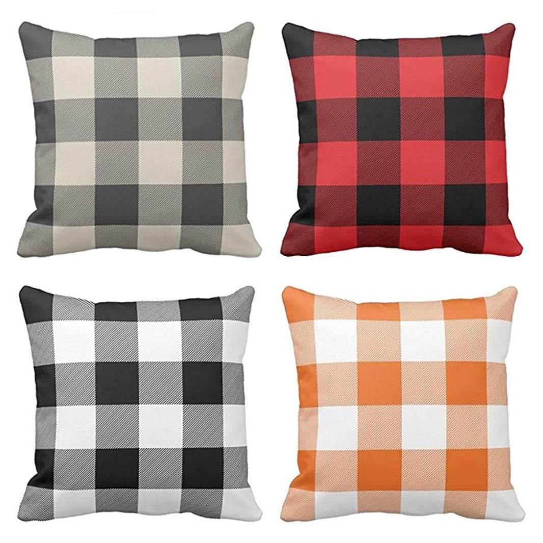 SUFAM Set of 4 Pillow Cases Rustic and Buffalo Check Black Plaid White