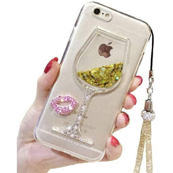 iPhone 6 Plus Liquid Case, 6s Plus Case, Goblet Wine Glass Liquid Quicksand Flowing Floating Bling Glitter Sexy Makeup Case for Girls with Wrist Strap (Rose)